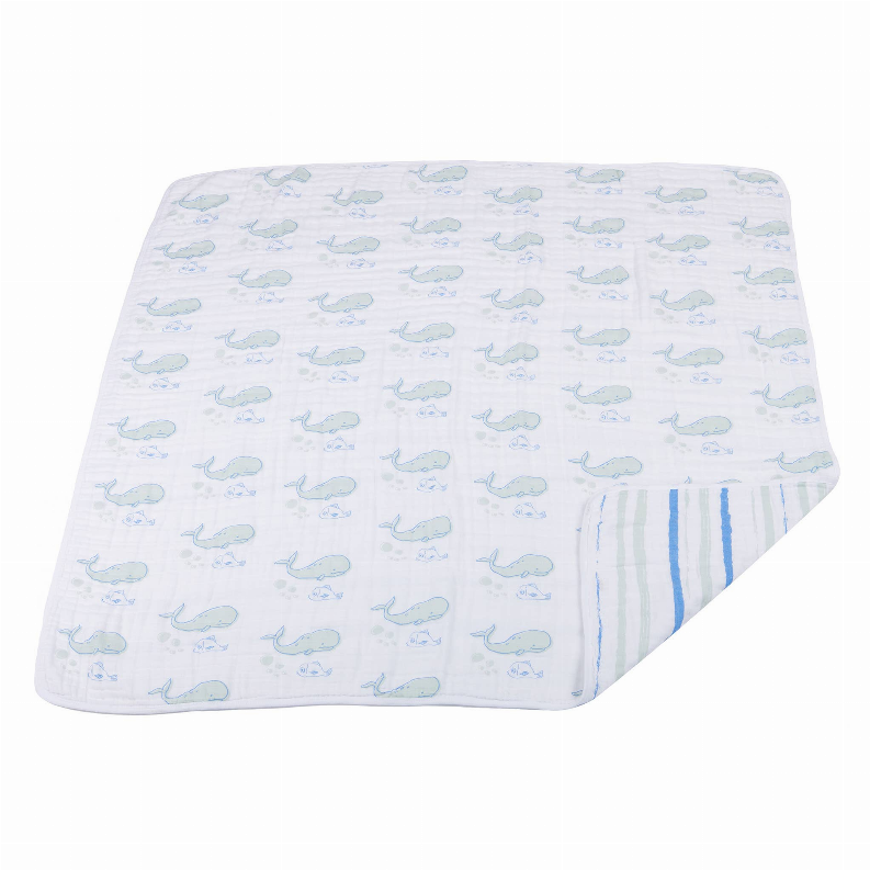 Cotton muslin blanket, light blue whale print with blue vertical stripe detail on edge