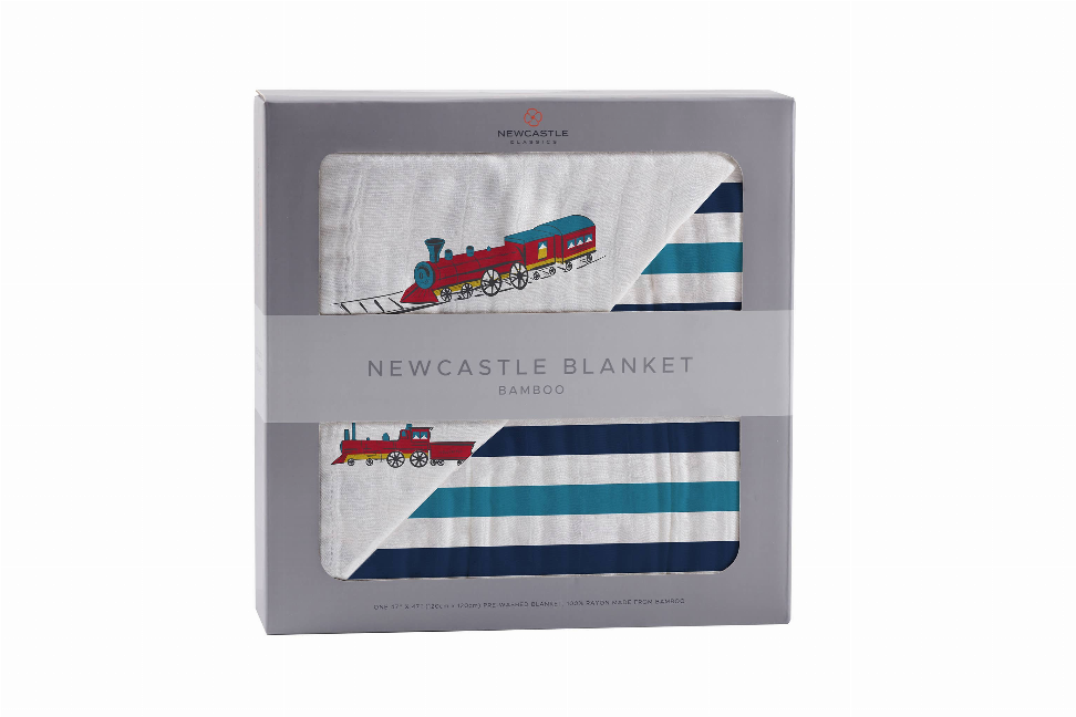 Bamboo blanket with vintage steam train print and blue striped border