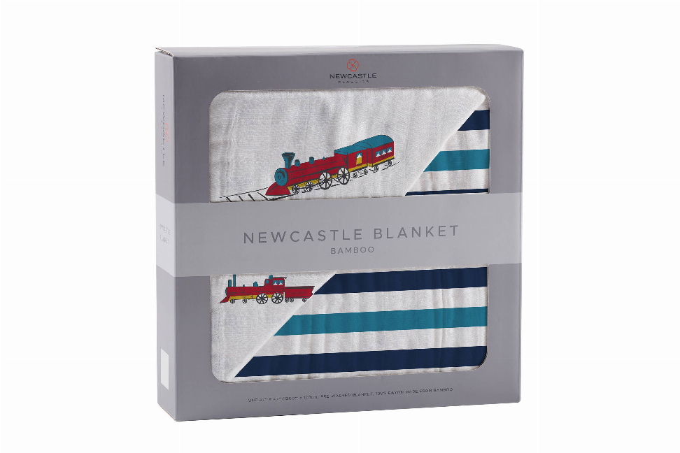 Bamboo blanket in box showing steam trains with teal and navy blue stripes