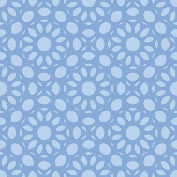 Blue peel-and-stick wallpaper with repeating leaf and circle pattern, matte finish.