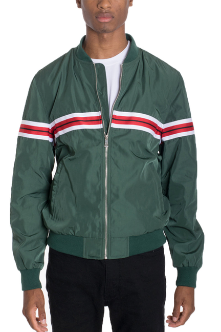 Green taped bomber jacket with zip front, striped bands on chest and sleeves, ribbed cuffs