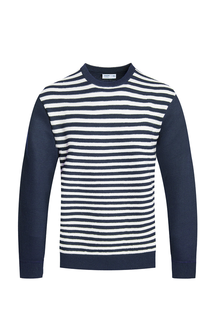 Navy and white striped crewneck sweater with long sleeves, ribbed cuffs and hem