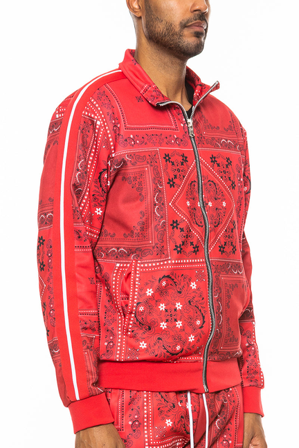 Red all-over paisley print track jacket with full-zip and stand collar, striped sleeves