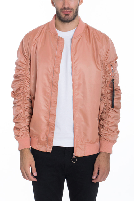 Mauve satin flight bomber jacket with zip front and ruched sleeve cuffs