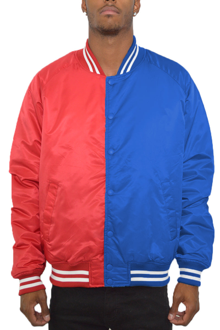 Two-tone varsity bomber jacket in red and blue with striped ribbed collar and cuffs