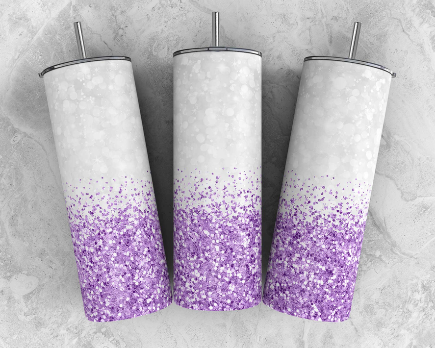 Stainless steel tumbler set with purple glitter gradient, clear finish, and lids with straws