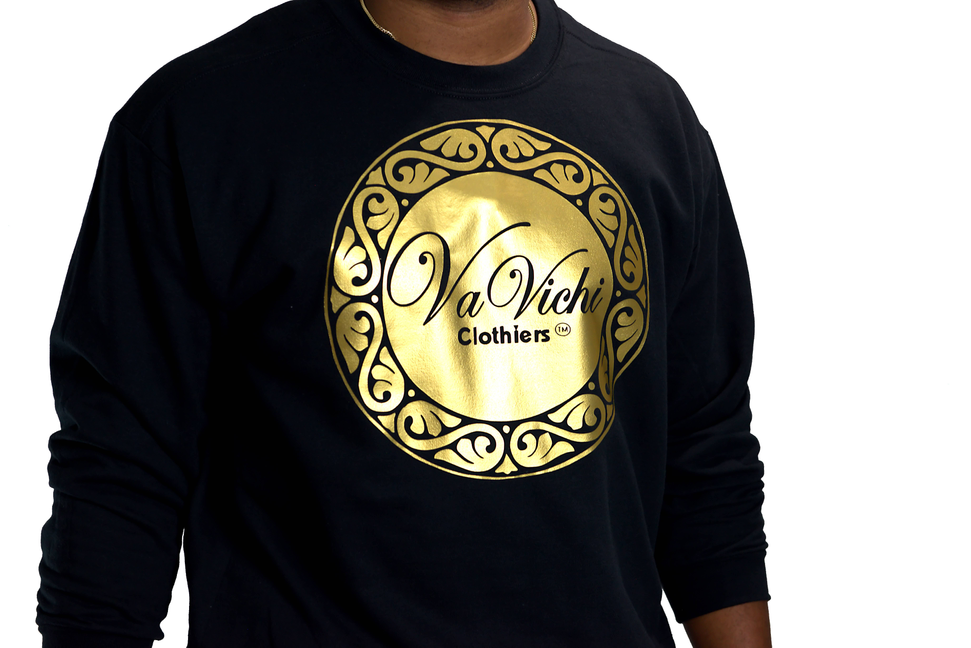 Men's black crewneck sweater with gold circular VaVichi logo graphic