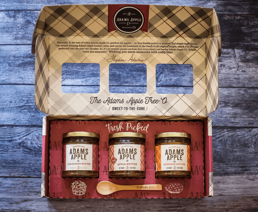 Adams Apple Tree-O gift set box with window, showing three ADAMS APPLE jars