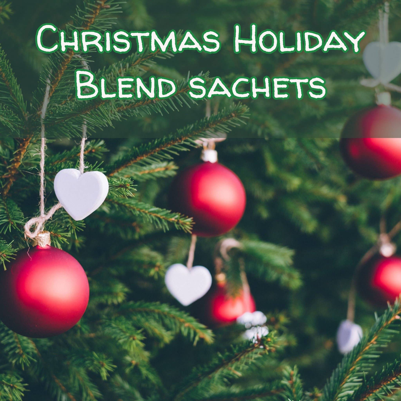 Christmas holiday blend sachets with heart and ornament-themed graphics