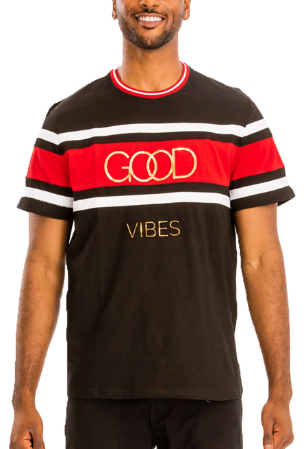 Black crewneck T-shirt with red/white stripes and 'GOOD VIBES' graphic print