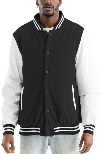 Black and white melton letterman jacket with striped ribbed collar and cuffs