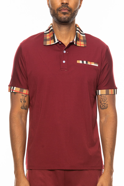 Men's burgundy polo shirt with checkered collar, placket, and chest pocket trim