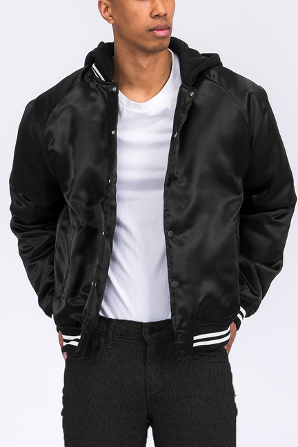 Black satin hooded varsity jacket with front snap buttons and striped ribbed cuffs