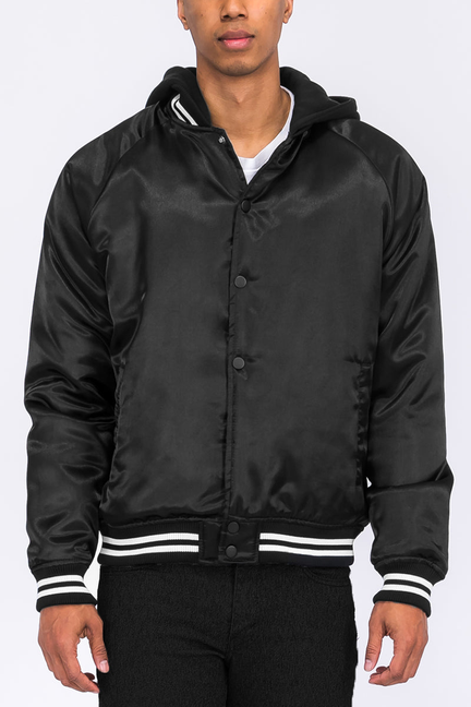 Black satin hooded varsity jacket, stand collar, snap front, striped hem and sleeve cuffs