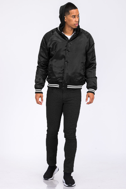 Black satin hooded varsity jacket with snap button closure and striped ribbed cuffs