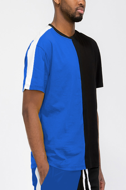 Two-way split T-shirt with royal blue and black panels, short sleeves.