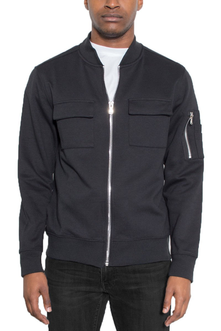 Black zip-front bomber jacket with stand collar and flap chest pockets, sleeve zip pocket