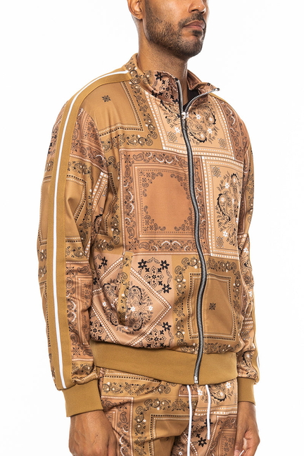 Khaki paisley track jacket with full-zip front and stand collar