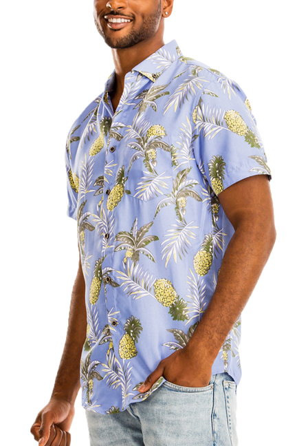 Men's Hawaiian print shirt, light blue with pineapple and leaf pattern, short sleeves