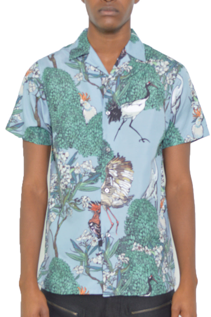 Front view short-sleeve shirt with colorful birds and plants print on light blue