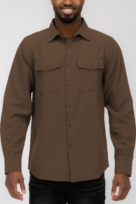 Brown flannel button-up shirt with two chest pockets and long sleeves