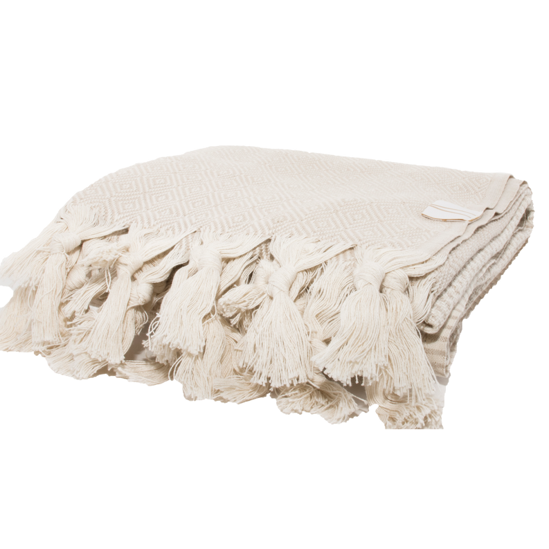 MEDI towel, cream geometric jacquard with fringe tassels and folded edge