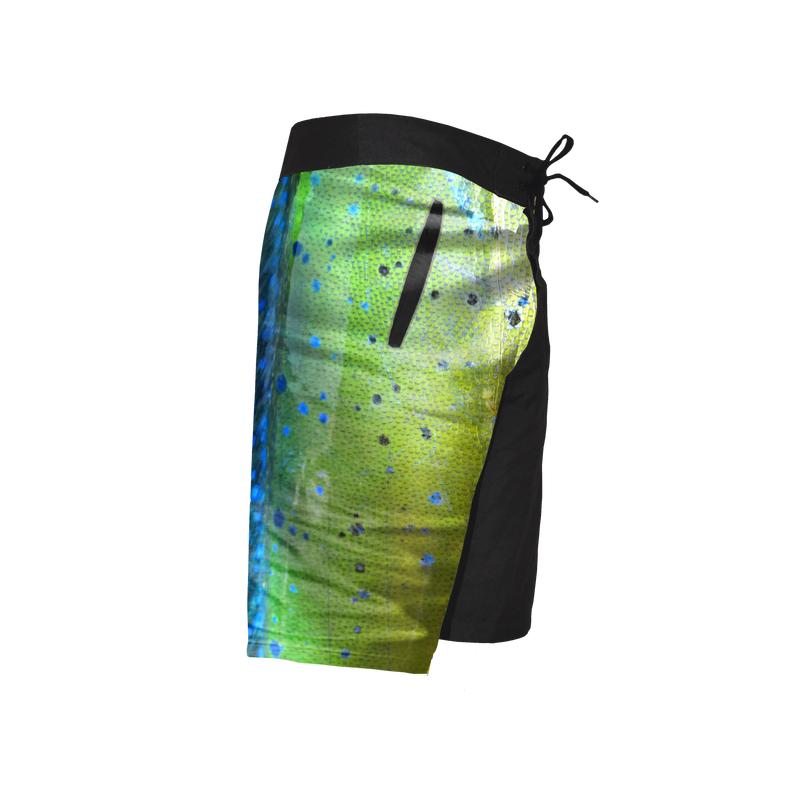 Neon green and blue speckled board shorts with black side panels, drawstring waist.