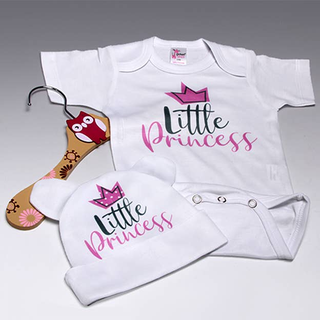 White baby onesie with “Little Princess” crown graphic on front