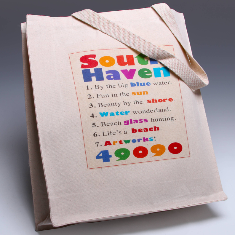 Custom canvas tote bag with colorful South Haven graphic and top loop handles