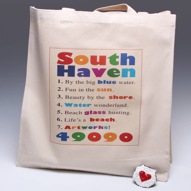 White custom canvas tote bag with South Haven graphic front and loop handle