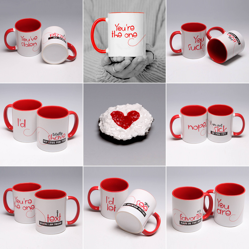 Set of white mugs with red interiors and handles, each with different leg-shaving sayings