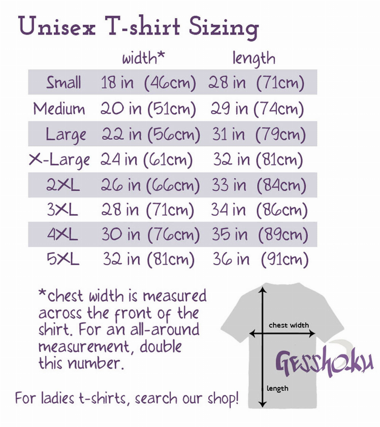 Unisex T-shirt sizing chart showing width and length measurements by size