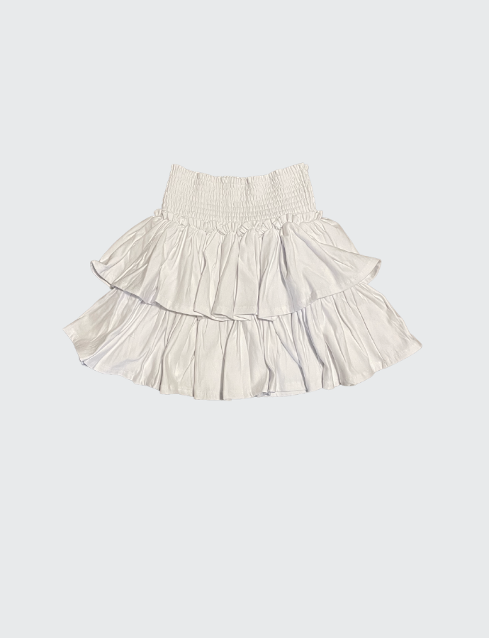 Cream tiered ruffle mini skirt with elastic waist