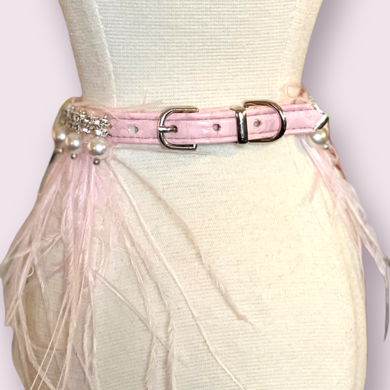 Pink strap buckle glam collar with rhinestone trim and pearl bead details