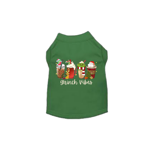 Green pet shirt with Grinch, Santa, and festive drink graphic