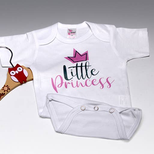White baby onesie with 'Little Princess' crown print, short sleeves, snap closures
