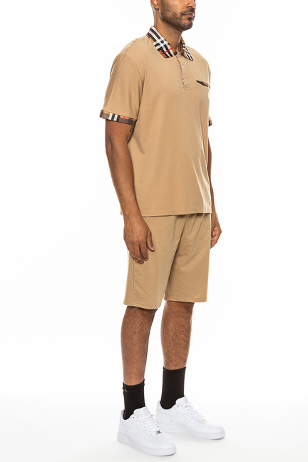 Khaki polo and shorts set with checkered collar and sleeve trim