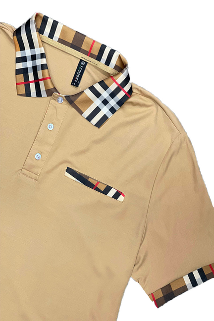 Khaki polo top with button placket and checkered collar trim