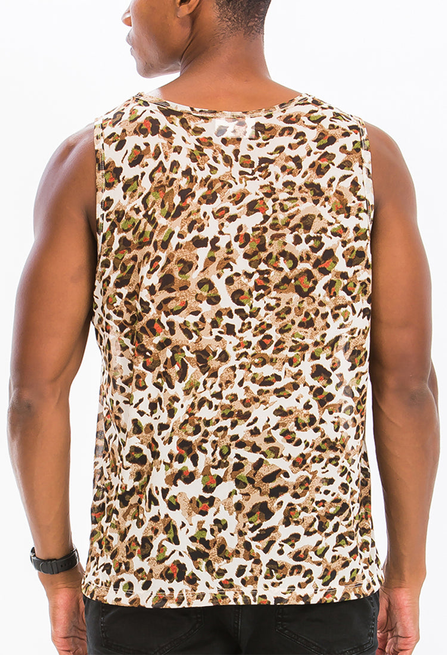 Beige leopard print sleeveless tank top with open racerback