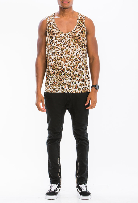 Beige leopard print tank top with scoop neckline and sleeveless cut