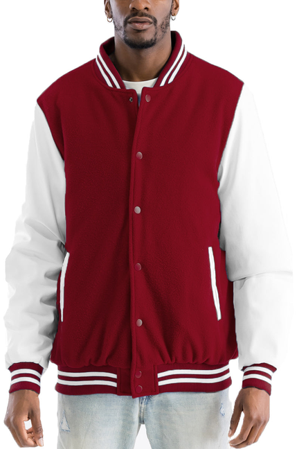 Burgundy and white varsity letterman jacket with button front and striped rib trim