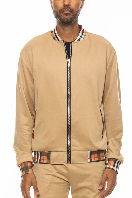 Men's khaki track jacket with checkered stand collar and cuffs