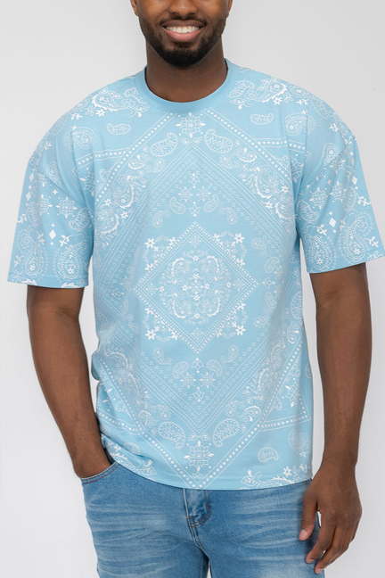 Sky blue paisley print T-shirt with crew neck and short sleeves