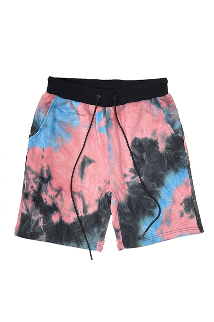Tie-dye shorts with black elastic waistband and drawstring; pink, blue, and black pattern