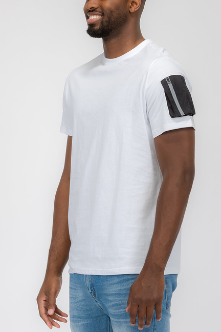White side pocket tee with black pocket panel on sleeve