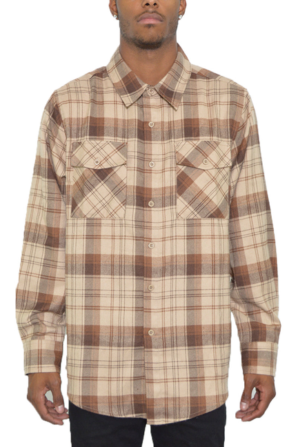 Brown khaki plaid flannel button-up shirt with long sleeves and button front