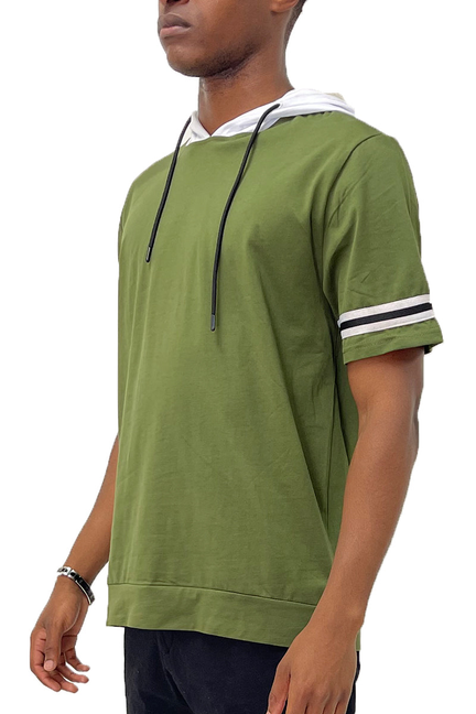 Olive short-sleeve hooded tee with drawstring and striped sleeve cuffs