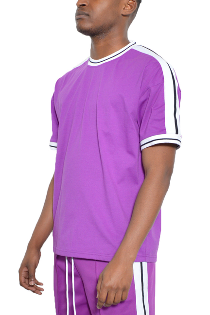 Purple solid T-shirt with white side stripe accents and ribbed collar and sleeve cuffs