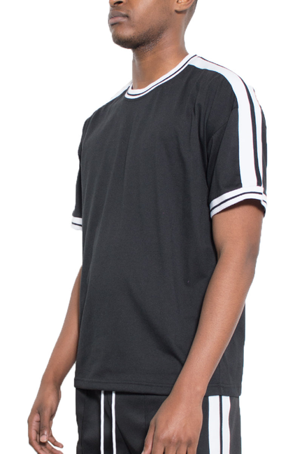 Black crew-neck side-stripe T-shirt with white striped sleeves, short-sleeve fit