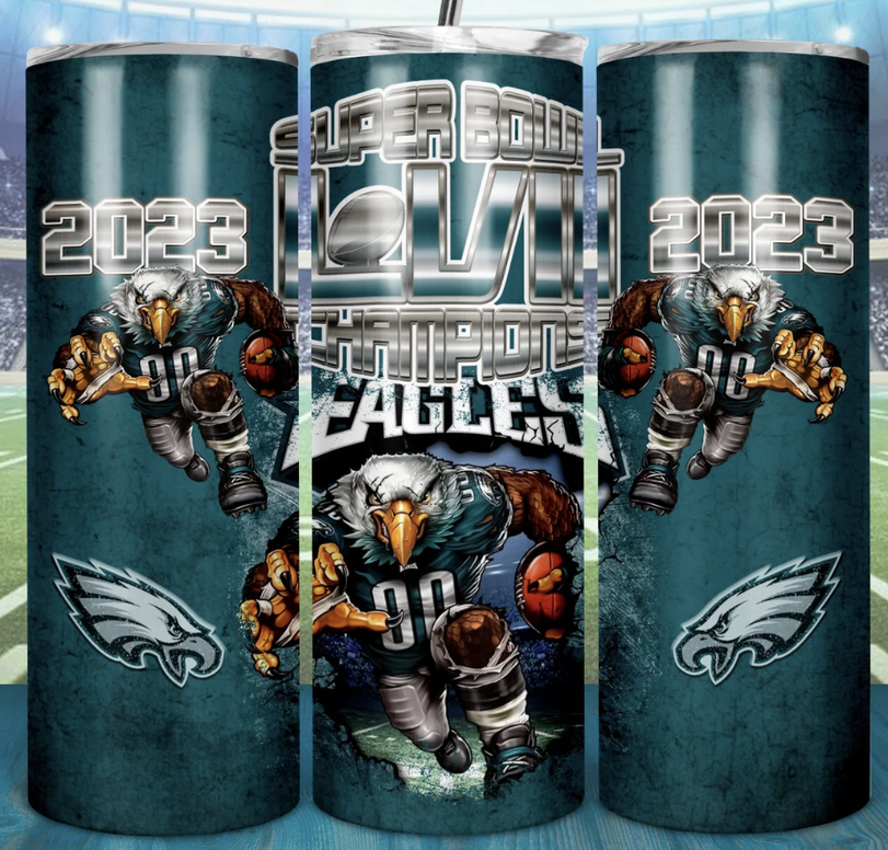 Dark teal stainless steel tumbler with Eagles 2023 graphic and eagle mascot artwork